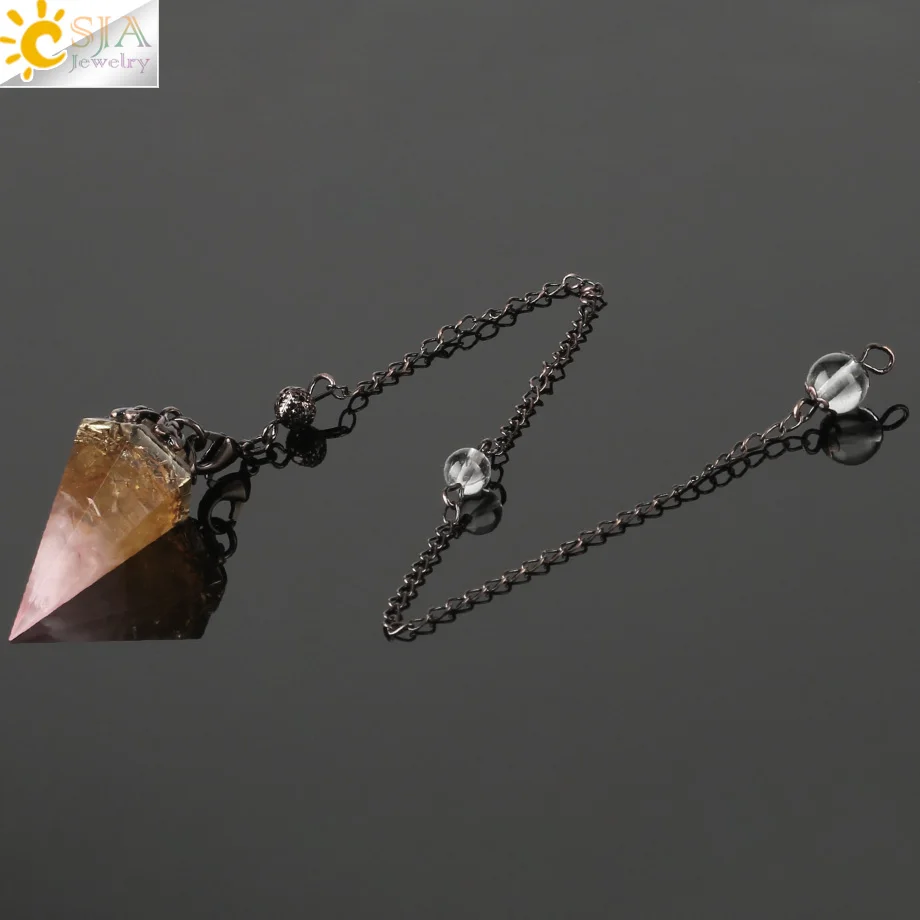 Rose Quartz CSJA рейки натуральный чип подвеска в виде каменного маятника Античная Медная цепь шестигранный конус полимерный кулон для придавая гадания Wicca Pendule G321 - Окраска металла: Rose Quartz