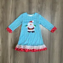winter Christmas dress baby girls long sleeve blue santa claus knee length milk silk children clothes dot boutique kidswear