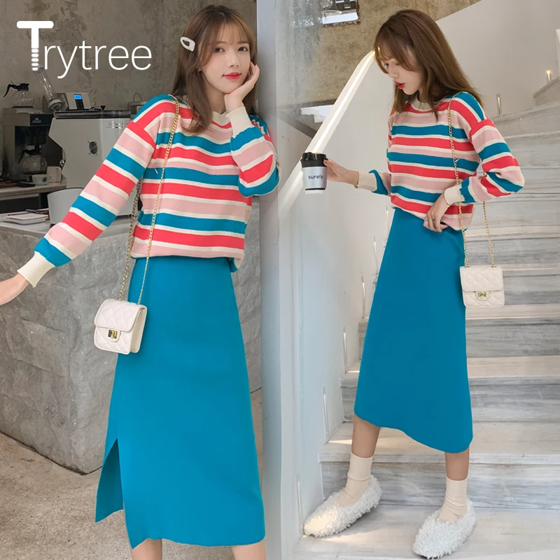 Trytree осенне-зимний женский комплект из двух предметов, повседневный топ в полоску с круглым вырезом+ юбка, вязанный однотонный модный офисный Женский комплект из 2 предметов