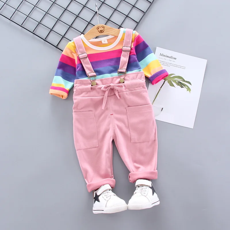 

2019 Autumn New Style Children Baby Girls Rainbow Stripes Long Sleeve Suspender Pants Set Two-Piece Set Childrenswear