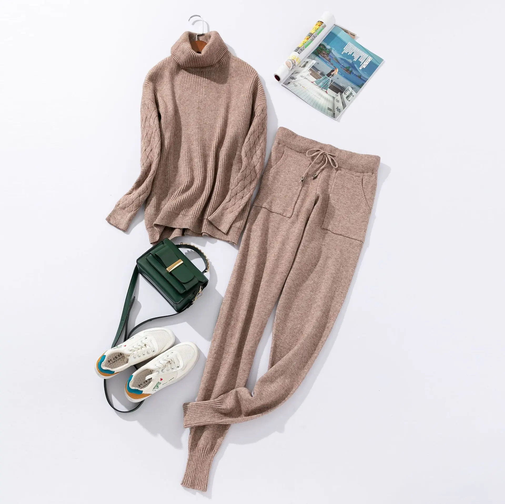 FORERUN/Зимний комплект из двух предметов, женский свитер с высоким воротником и трикотажные штаны, комплект из 2 предметов, твист, толстые зимние теплые наряды - Цвет: khaki women set