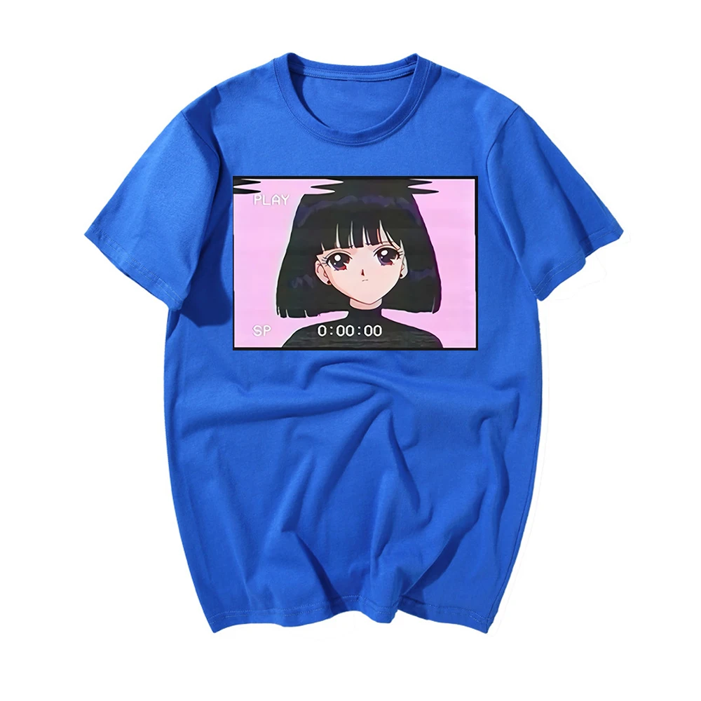 Сейлор Мун футболка Летняя мода Sad Girl японский аниме Vaporwave футболка мужские Забавные топы Футболка Harajuku уличная одежда - Цвет: 2 Blue
