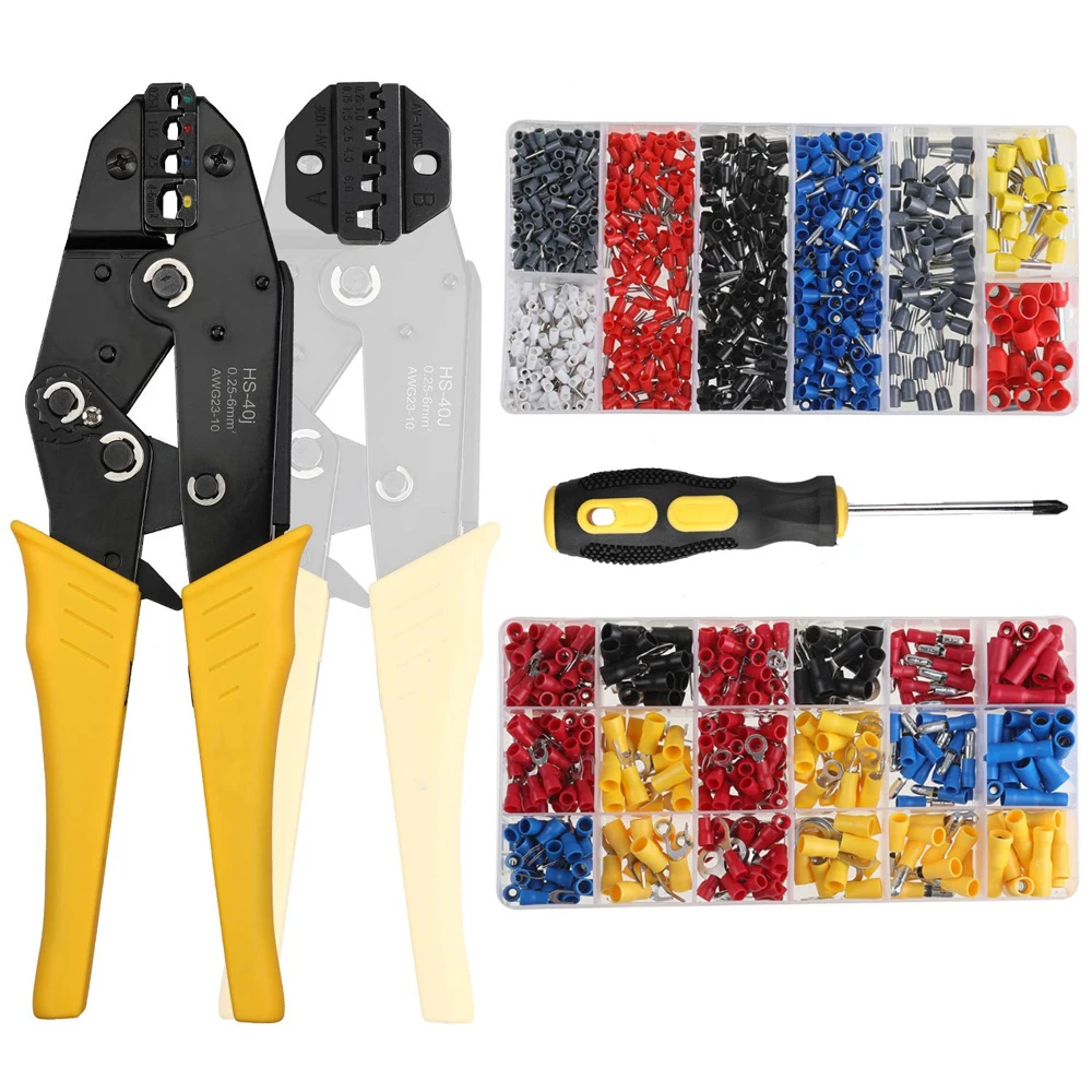 

Five-piece crimping pliers with jaws plus screwdriver 370pcs pre-insulated cold-pressed terminal 800pcs tube set