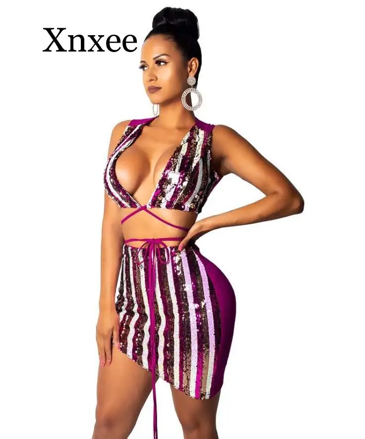 

Brazil Set Sexy Rainbow Sequin Striped Two Piece Dresses Women Deep V-neck Sleeveless Lace Up Top And Mini Clubwear Outfits