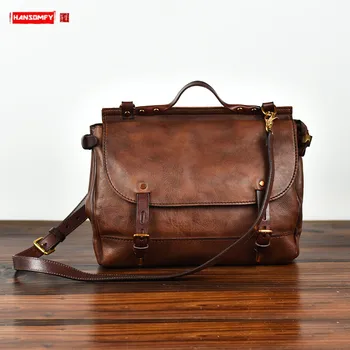 

Men's Handbag Male Shoulder Messenger Bag Retro Briefcase Men Travel Bags Head Layer Cowhide Handmade Vegetable Tanned Leather
