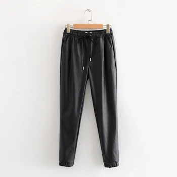 

Women Black Chic PU Leather Pants Elastic Waist Long Length Elegant Bottoms Drawstring Tie Pockets Basic Female Trousers XS-XL