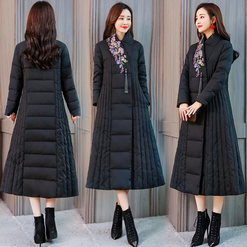 Женское винтажное пальто с вышивкой в китайском стиле, черная Удлиненная стеганая парка, красные фиолетовые зимние теплые парки с вышивкой и кисточками