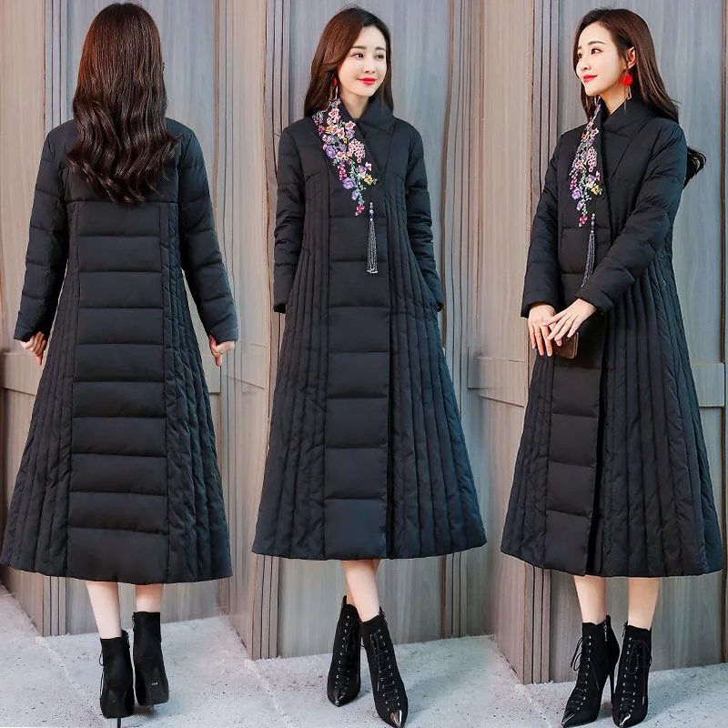 

Chinese Style Women Embroidery Vintage Black Extra Long Padded Coat Parka , Red Purple Tassel Embroidered Winter Warm Parkas