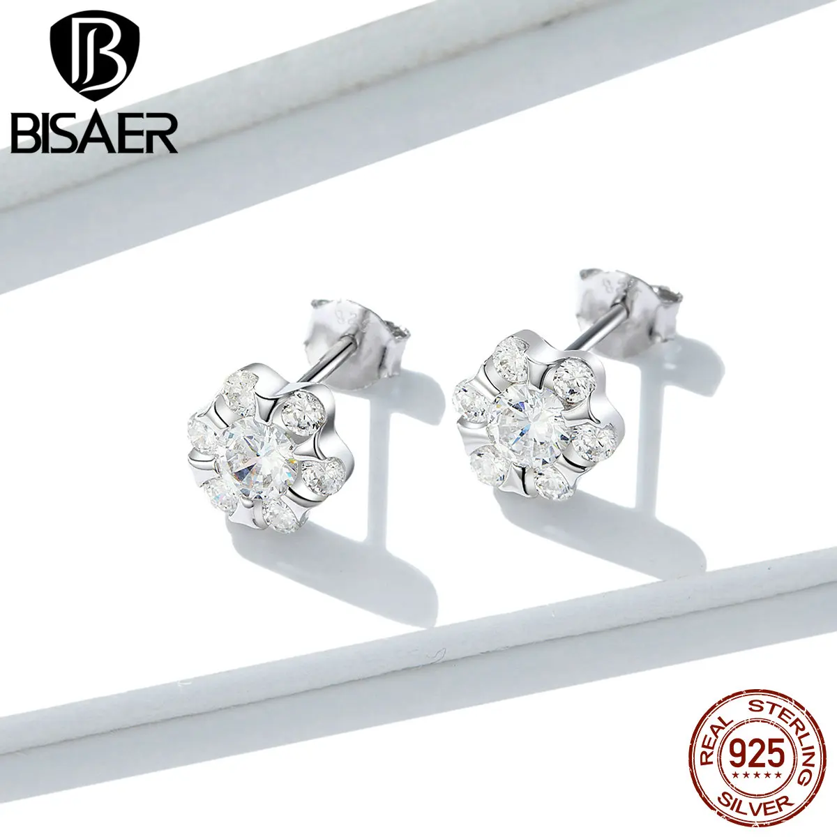 Свадебные серьги BISAER, 925 пробы, серебряные, прозрачные, кубический циркон, женские серьги-гвоздики, CZ, свадебные, Обручальные, ювелирные изделия EFE245