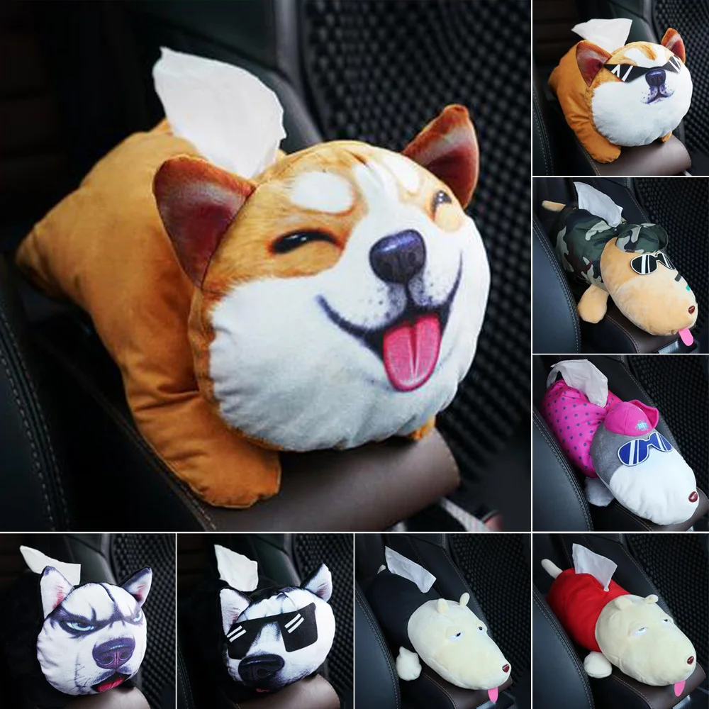 

Car Napkin Tissue Box Case Holder on Armrest Headrest Cute Plush Husky Cartoon Animals Dog Pig & Cat Home Decoration