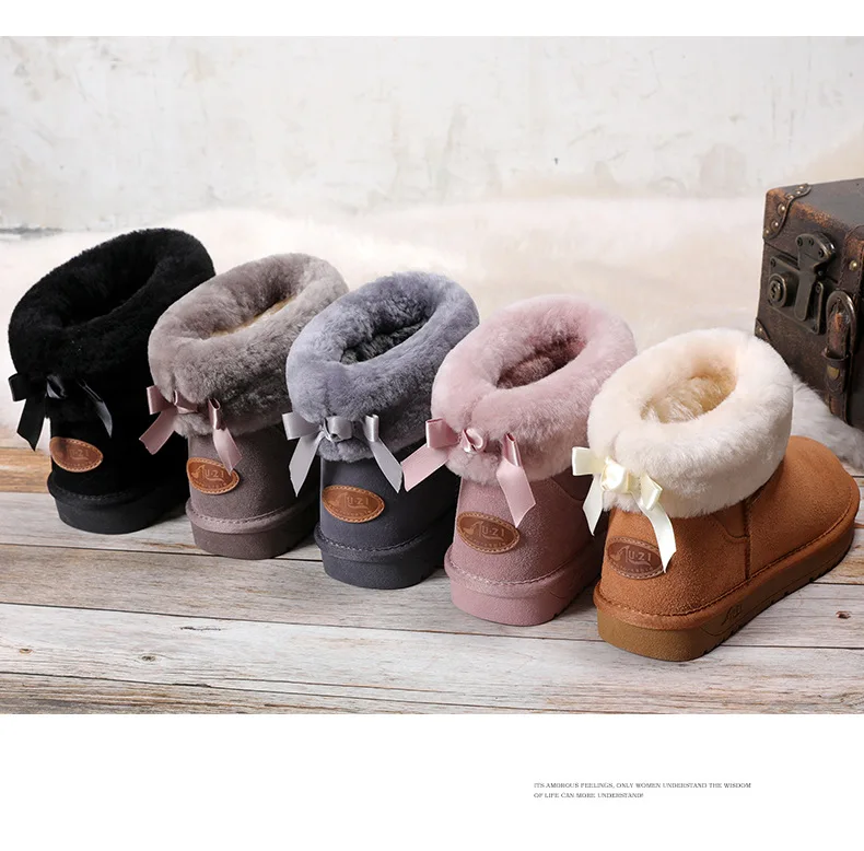 Для женщин новые шерстяные ботинки для снежной погоды женские зимние коровья кожа Мода Дикий кожаные сапоги в молодежном стиле Для женщин утепленные бантом хлопковые сапоги