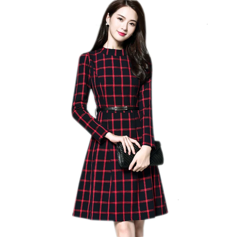 

Women Spring Herf Winter Women Trui Dress Plus Size High Quality Grid Thin Half High collar Random European Style