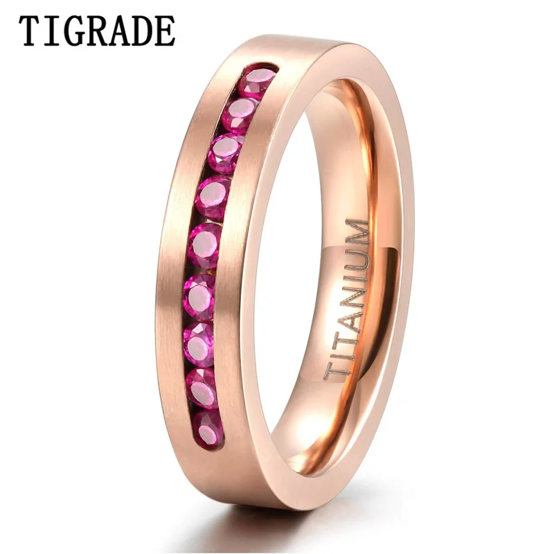 

TIGRADE Rose Gold Titanium Ring For Women 4mm Party Wedding Band Rose Cubic Zirconia Inlay Female bague femme Men 8mm for Couple