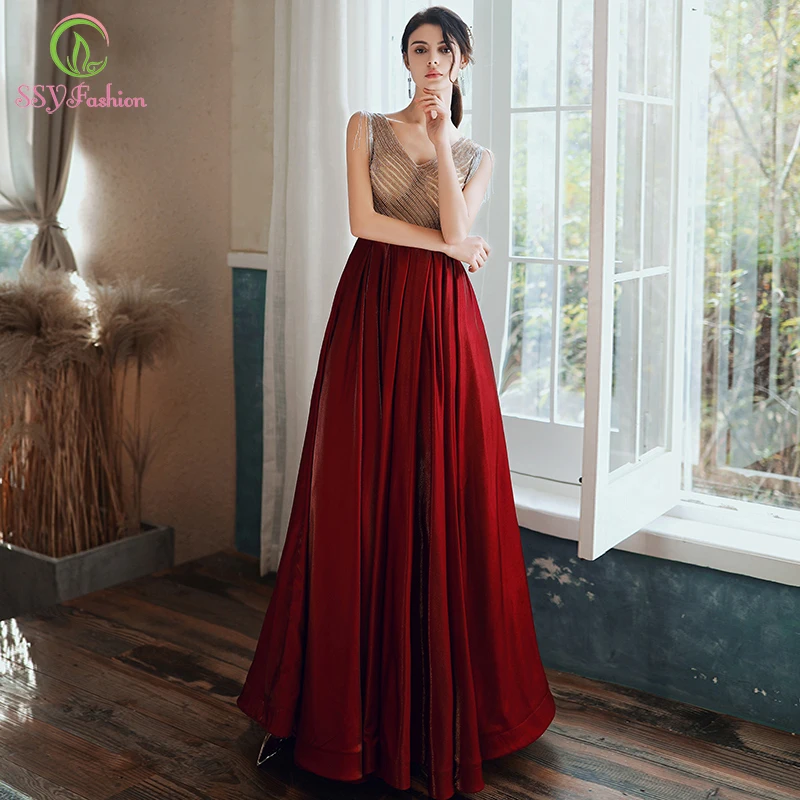 Женское платье с блестками SSYFashion элегантное красное в пол V-образным вырезом