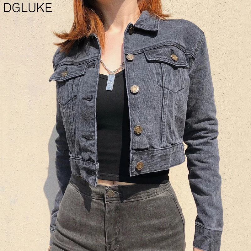

DGLUKE Woman Black Denim Jacket 2020 Spring Autumn Vintage washed Cropped Jean Jacket Fashion Casual Short Jeans Coat Outerwear