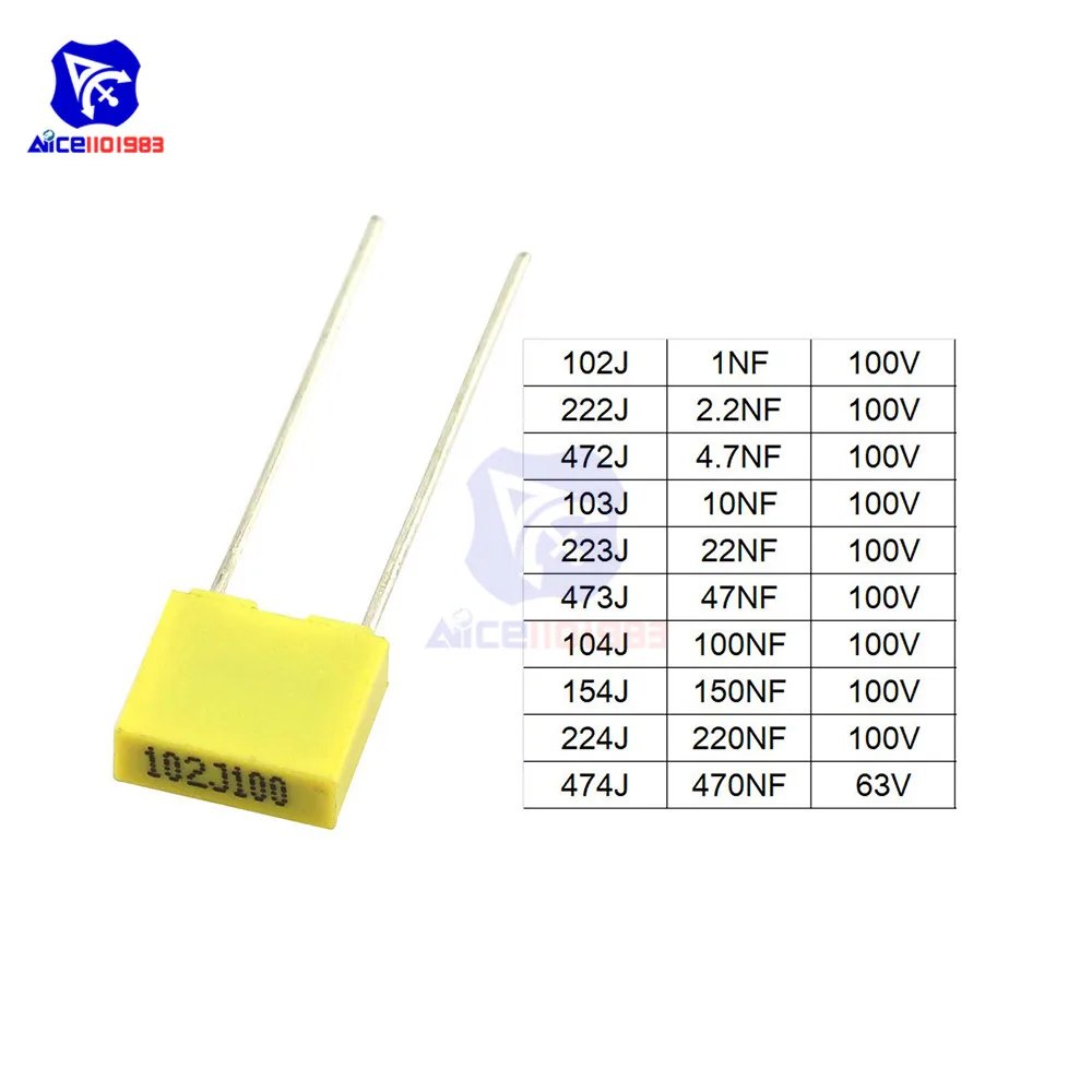 Diymore 100 шт 10 Значение полипропиленовый пленочный конденсатор 1nF 10nF 47nF 100nF 470nF конденсатор для коррекции емкости Ассорти Комплект