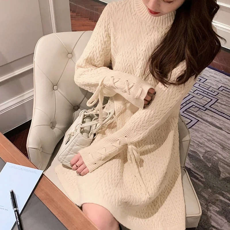 Winter Knit One Piece Dress Korean Casual Long Sleeve Elegant Mini Dress Women Lace Up Sweet Office Sweater Dress 21 Spring Dresses Aliexpress