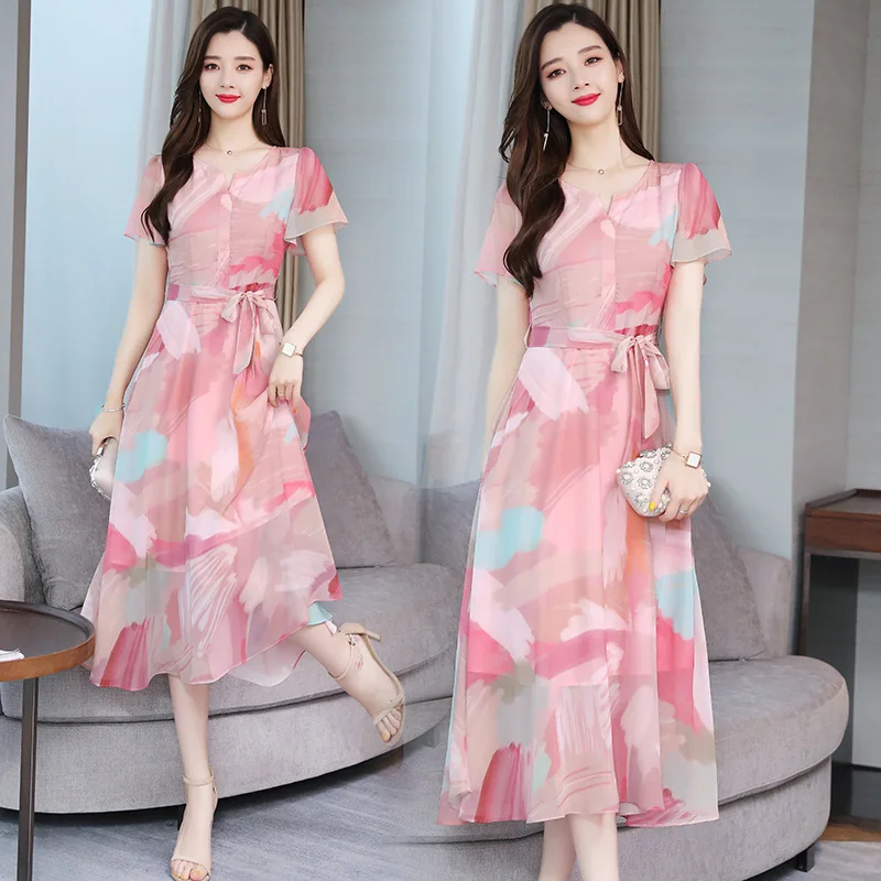 

2019 New Style Lace-up Waist Hugging Chiffon Dress Women's Summer Long Long Skirts Popular Western Style Skirt Ozhouzhan WOMEN'S