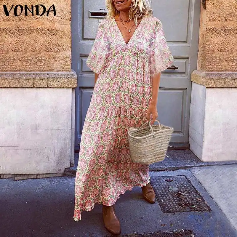 Богемное платье размера плюс, женское летнее платье, VONDA, винтажное повседневное длинное платье макси, туника, Vestidos, сексуальное платье с v-образным вырезом, женское платье