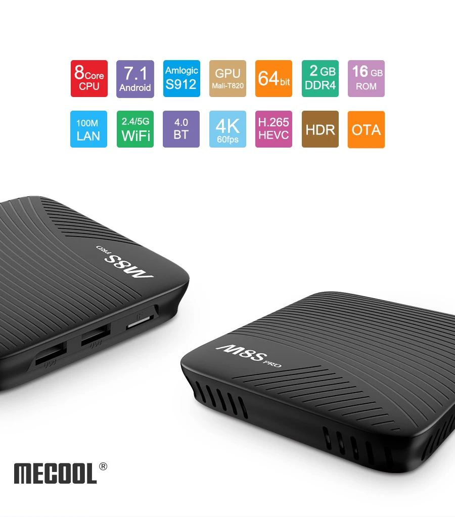 MECOOL M8S PRO W Android 7,1 ТВ приставка Amlogic S905W Процессор четырехъядерный 2 Гб ОЗУ DDR4 16 Гб Смарт ТВ приставка 2,4 ГГц WiFi 4 к H.265 ТВ приставка