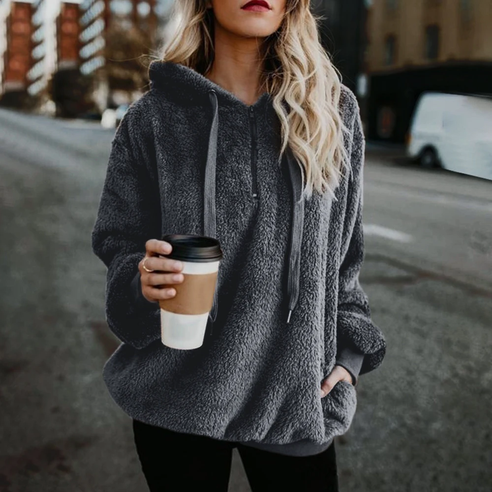 GREY Женские флисовые толстовки зимние повседневные однотонные Свободные Плюшевые толстовки с капюшоном теплые бархатные карманы на молнии Женский Пушистый пуловер - Цвет: GREY