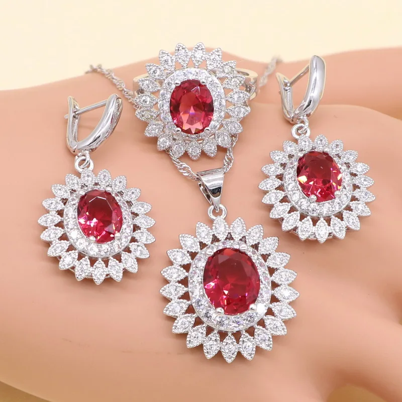 XUTAAYI 925 Серебряные Ювелирные наборы для женщин красное полудрагоценное ожерелье подвеска серьги кольцо браслет свадебные ювелирные изделия подарок на день рождения