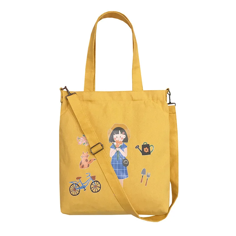 

Ougger Big Ladies' Handbag Shoulder Bags Summer Yellow Canvas Simple Literary Characters Bags with Cartoon Printing for Shopping
