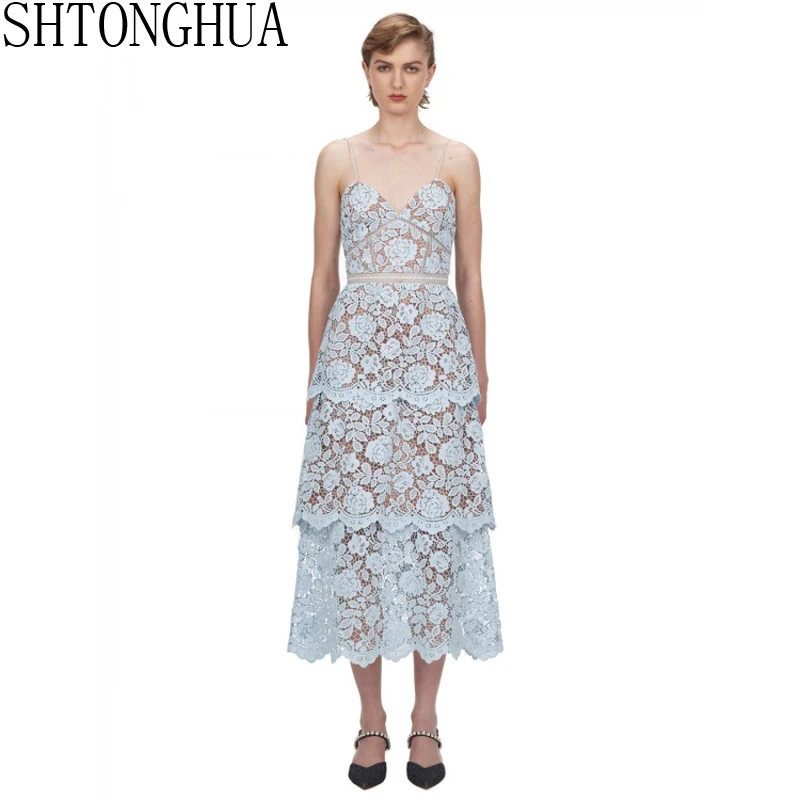 Подиумное дизайнерское женское платье на бретельках сексуальное кружевное с