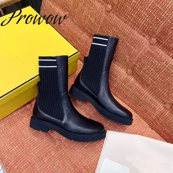 

New High Quality Genuine Leather Round Toe Slip On Ankle Boots Words Knitted Autumn Winter Boots Luxury Brand Boots