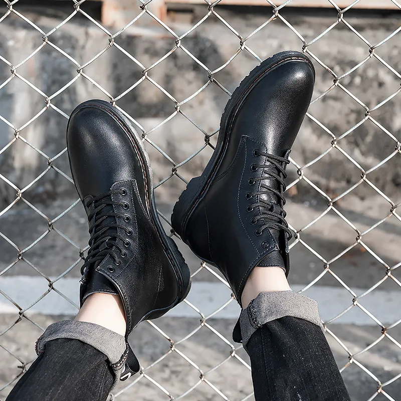 

Autumn And Winter England Martin Boots Genuine Leather Korean-style Mid-top Worker Boot Hight-top plus Velvet Men's Boot Extra L