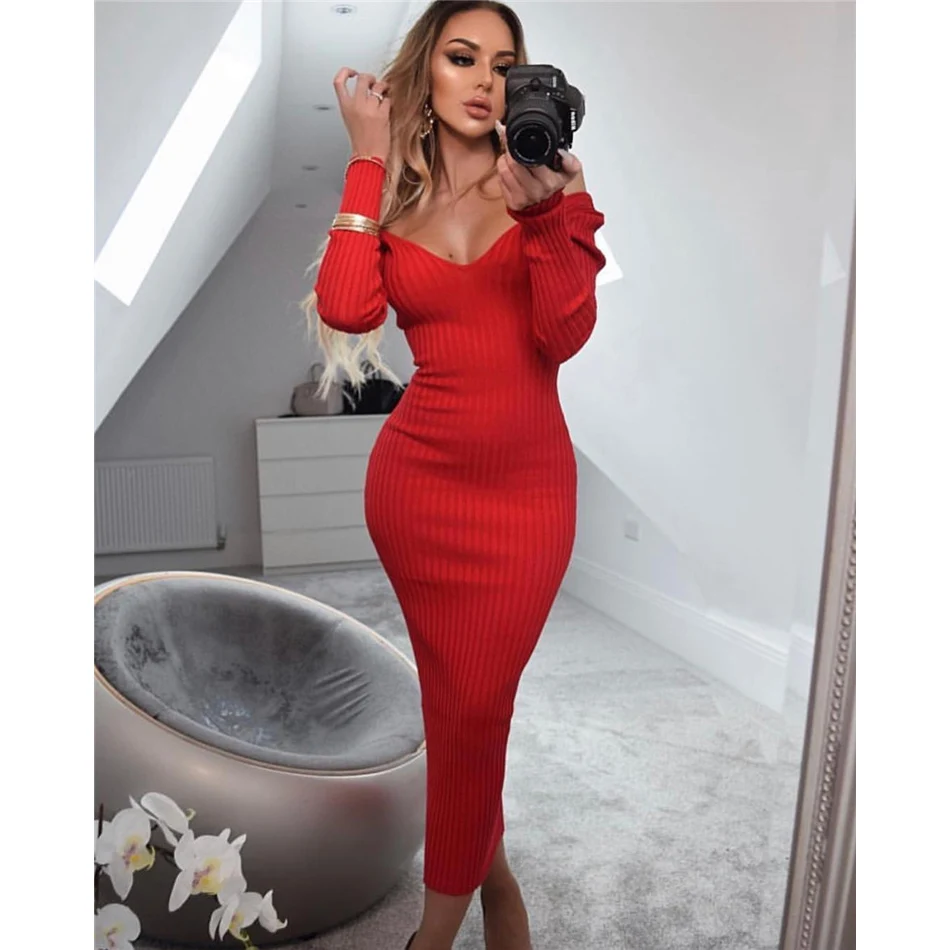2020 new autumn bandage red yellow dress sexy word collar long sleeve and calf dress fashion party club Vestidos dress