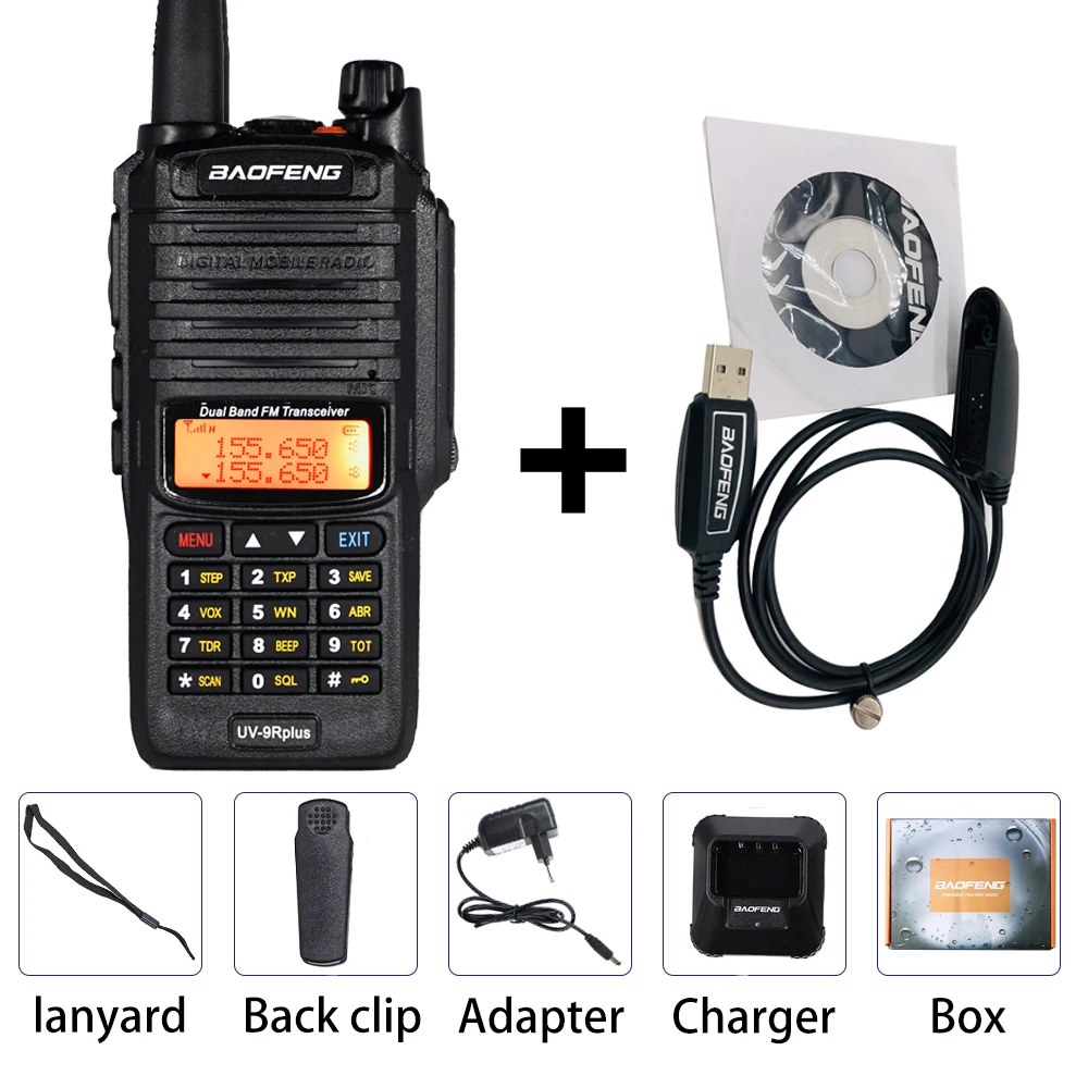 1PC With Cable 10 Вт Baofeng UV-9R Plus Walkie Talkie IP67 водонепроницаемый двухдиапазонный двухстороннее радио 10 км 9R плюс портативный CB Ham радиоприемники КВ трансивер - Цвет: 1PC With Cable