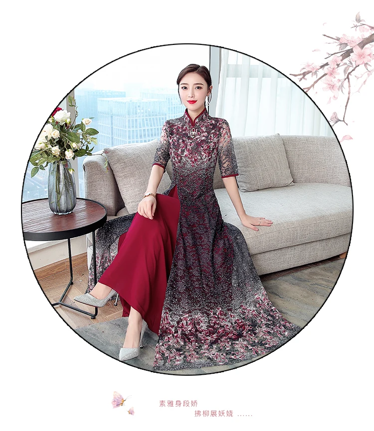 Autumn new retro chiffon lace dress women's improved banquet dress large size M-4XL high quality elegant vestidos AQ237