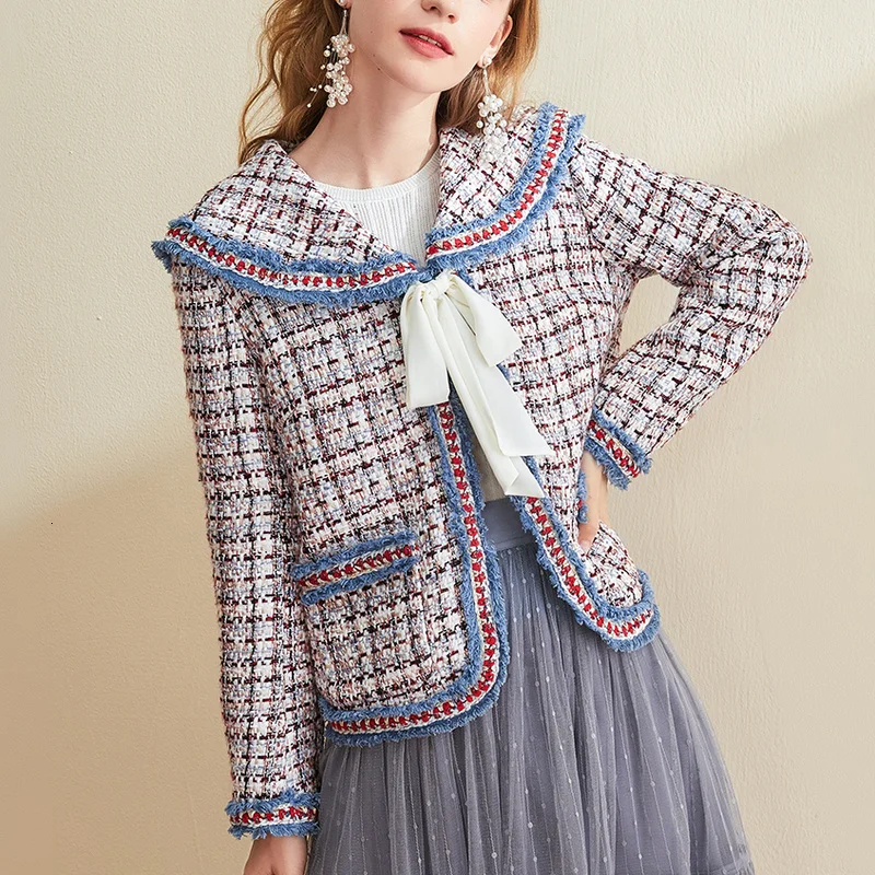 

New Spring and Autumn Women's Sailor Collar Tweed Jacket Suit Coat Female Girls Bow Plaid Woolen Jacket Retro Suit Coats