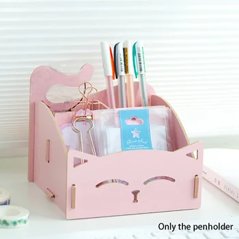 

3 Compartments Combination Assembling Student Space Saving Solid Wood Home Cat Pattern Large Capacity Stationery Pen Holder