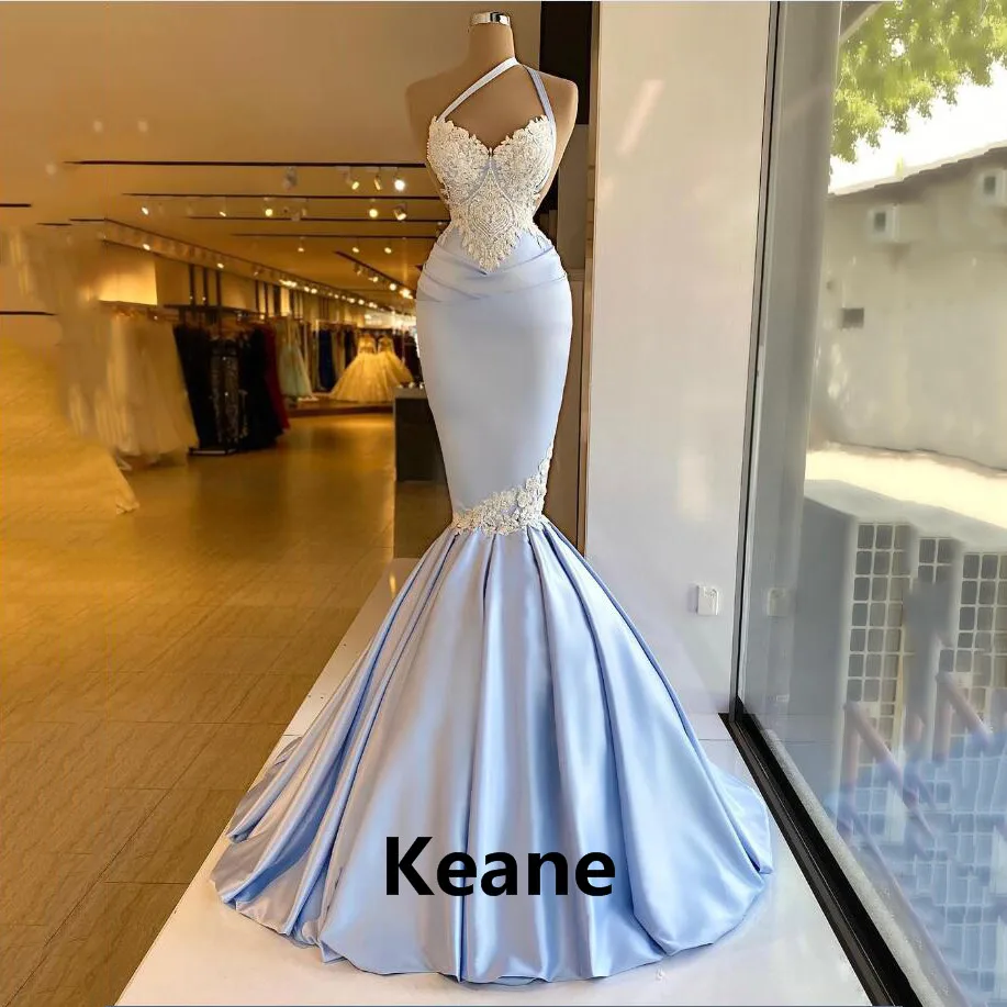 

Mermaid Satin Evening Dresses Spaghetti Straps Appliques Prom Dress High Waist Evening Gowns Party Dress Robe de soiree