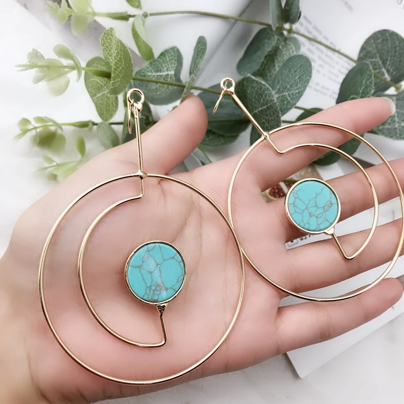 

Simple Geometric Round Alloy Green Stone Big Drop Earrings for Girl Women Fashion Jewelry Accessories