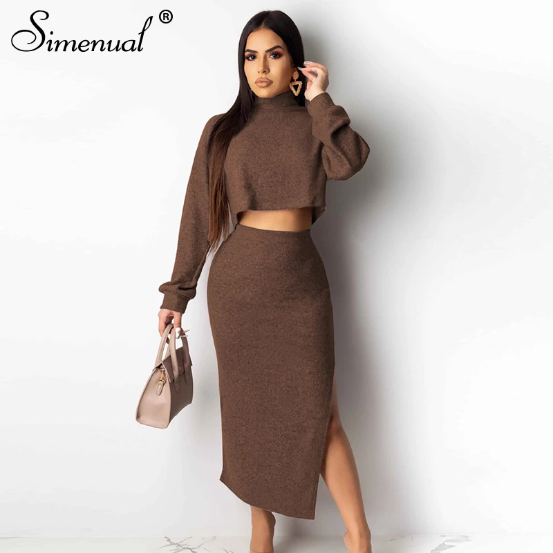 

Simenual Solid Casual Knitted Autumn Two Piece Outfits Fashion 2019 Side Slit Women Matching Set Long Sleeve Top And Skirt Sets
