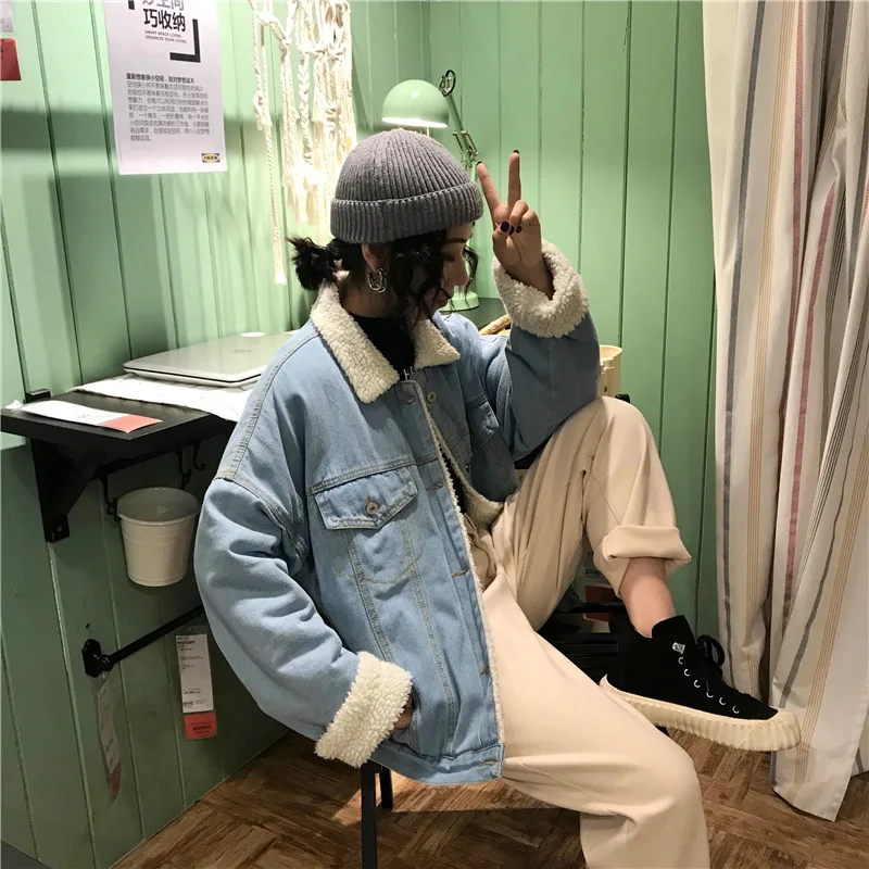 South Korea Autumn And Winter New Style Retro Lambs Wool Loose-Fit Fold-down Collar Cotton-padded Clothes Brushed And Thick