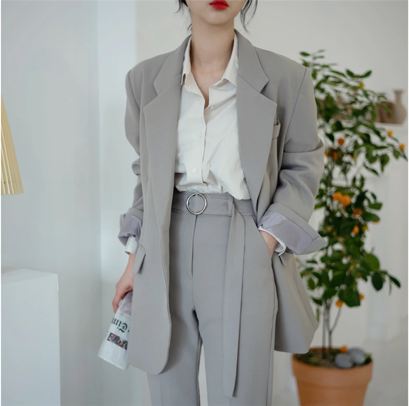 YAMDI Женский блейзер комплект Женский однобортный пиджак+ брюки с высокой талией винтажные брюки костюм осень 2 шт