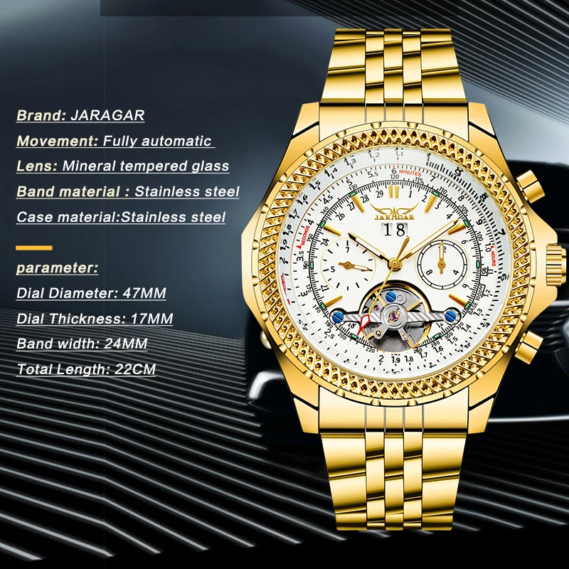 JARAGAR Tourbillon дизайнерские автоматические механические мужские часы с большим циферблатом и календарем военные мужские часы из нержавеющей стали мужские часы