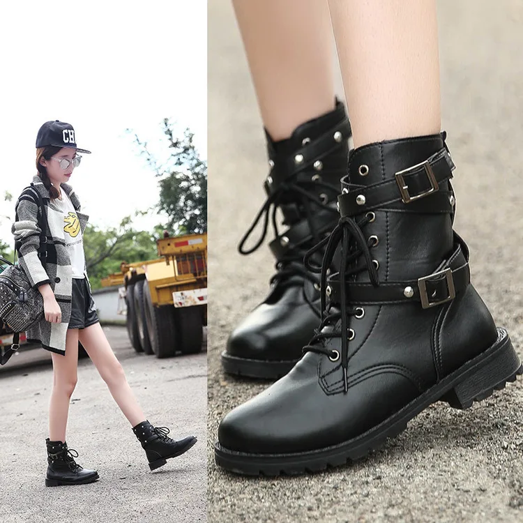

2018 Autumn And Winter New Style European Head Lace-up Chunky-Heel Rivet Martin Dollars Large Size Belt Buckle Boots Black And W