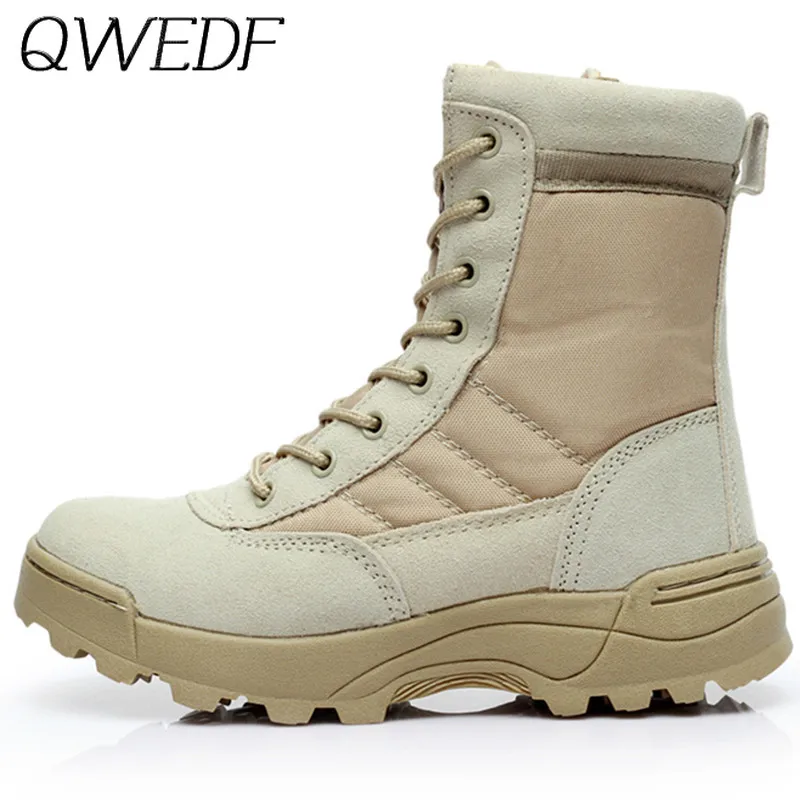 Billig QWEDF Männer Taktische Militärische Armee Stiefel Atmungsaktive Leder Mesh High Top Casual Wüste Arbeit Schuhe Herren SWAT Ankle Kampf B4 49