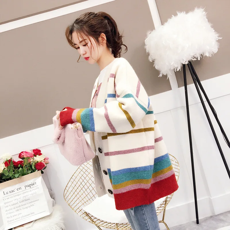 

2019 Autumn New Style Multi-color Stripe Sweater Large Size WOMEN'S Cardigan Sweater WOMEN'S Coat Versatile Mixed Colors Korean-