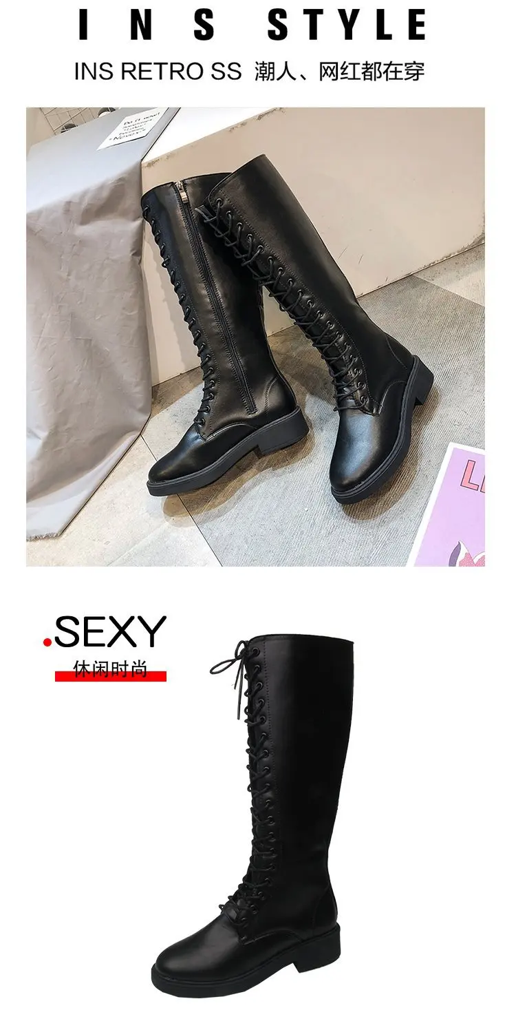 Knight boots cross-tied flats back zipper knee-high booties handsome women shoes winter botas sewing female botines leather