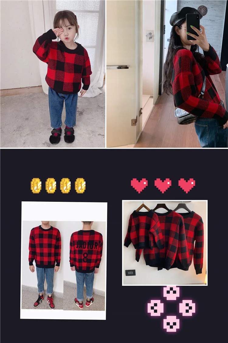 new autumn and winter heavy high-end family parent-child costume New Year Christmas vintage red and black check embroidery