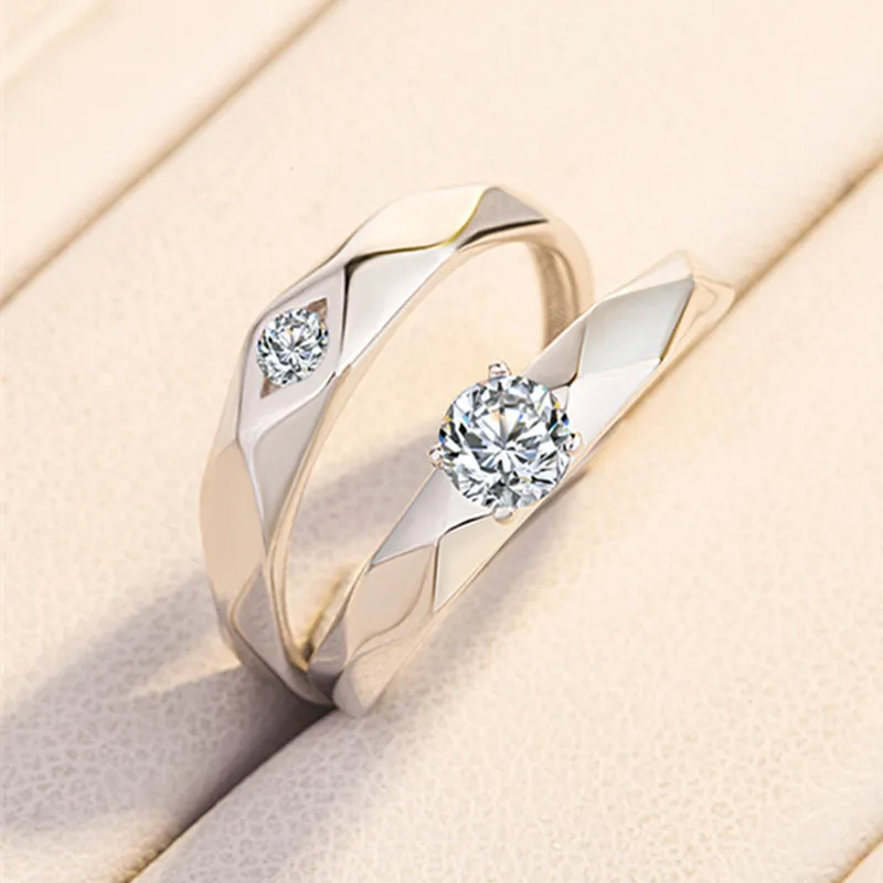 

Boxed 925 Sterling Silver Resizable Zircon Couple Ring Fashion Statement Engagement Wedding Jewelry Love Gift for Couples
