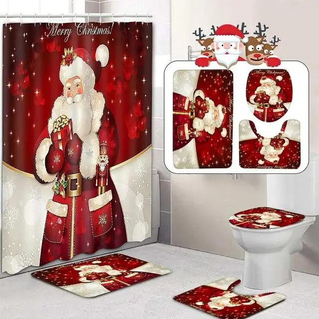 02 Set Merry Christmas набор для ванной Снеговик Дед Мороз Санта колокольчик лося узор водонепроницаемый Душ шторы Туалет крышка коврик нескользящий ковер - Цвет: 02 Set