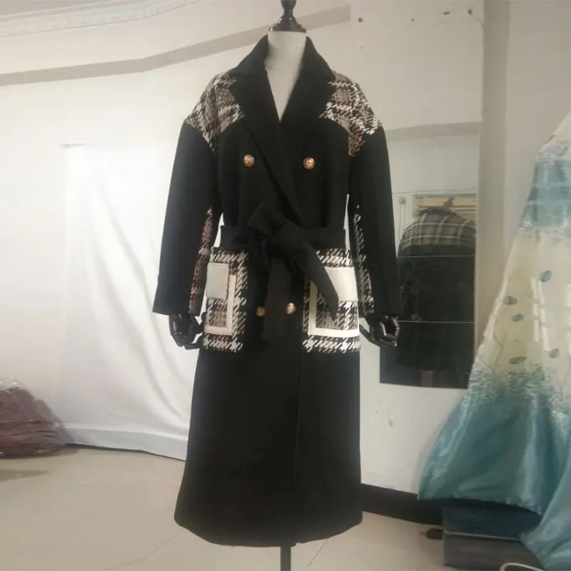 Woman Coat Autumn Winter Fashion Cashmere Coat Splice Double-breasted Wool Coat Women Long Windbreaker Jacket manteau femme