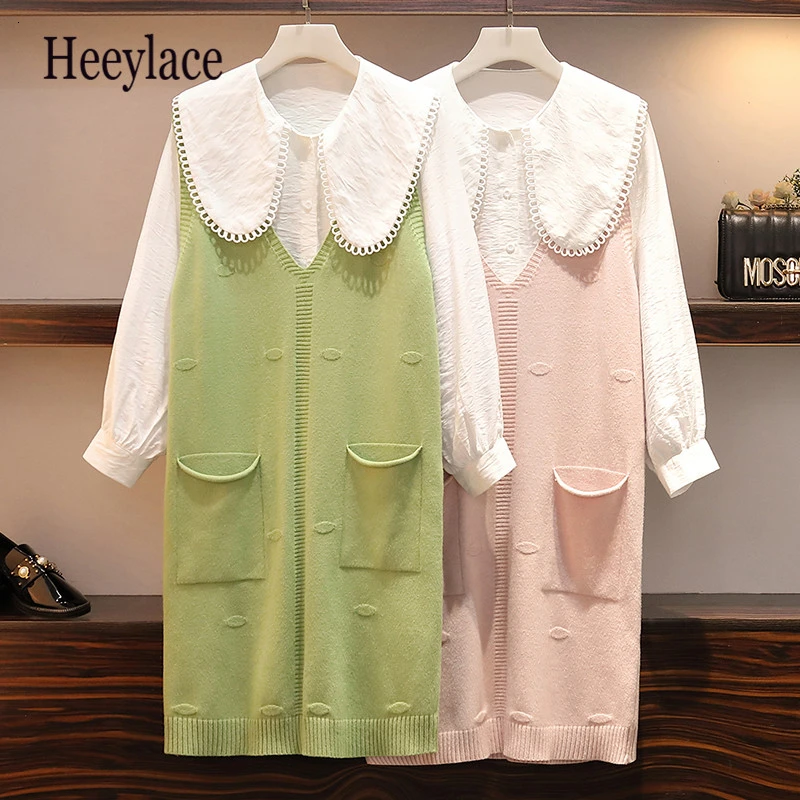 

XL-5XL Plus Size Womenn Two Piece Dress Autumn 2019 Vintage Long Sleeve Blouses and Loose Casual Knitted Sweater Vest Dresses